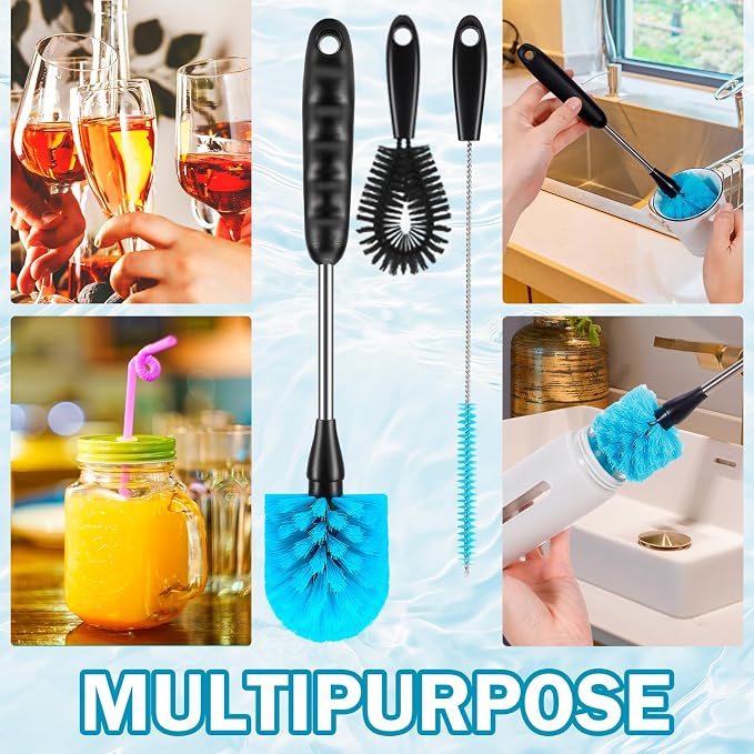 12.2 inch Bottle Brush Set of Three,Washable Coffee Cups, Water Bottles, Baby Bottles, Straws, to-go Cups, Long-Handled 3-in-1 Stainless Steel Bottle Brushes. (Black)