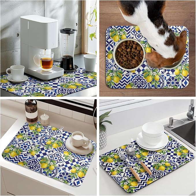 Lemon and Blue Tile Dish Drying Mat 18x24 Inch Absorbent Reversible Mexican Tilt Drying Mat Blue White Italy Lemons Dish Drying Rack Mat Summer Themed Dish Drainer Mat for Kitchen Counter Coffee Bar