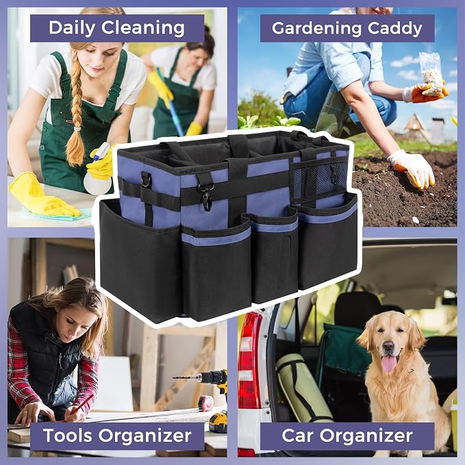 SCAVATA Wearable Cleaning Caddy, Cleaning Caddy Supplies Organizer with Handle & Shoulder Straps for Housekeepers, Under Sink & Car Cleaning Tool Organizers Bag with 4 Foldable Divider (CeruleanBlue)