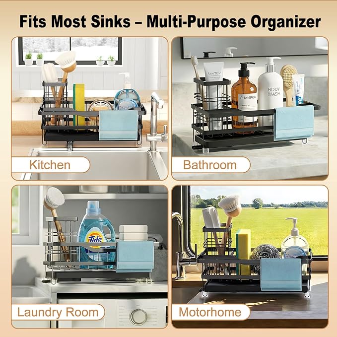 Sponge Holder for Kitchen Sink, Self-draining Sink Organizer with Towel Rack and Brush Holder, Metal Kitchen Sink Organizer for Countertop, Black