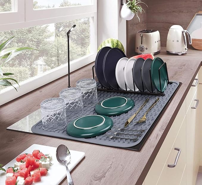 Large 17" x 14" Silicone Dish Drying Mat for Kitchen Counter, Easy clean, Quick Dry, Heat-resistant Dish Drainer Mat for Sink,Refrigerator or Drawer liner (Food Grade Silicone-Grey)