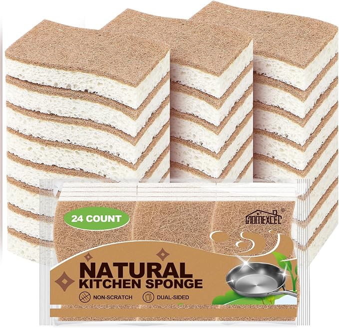 HOMEXCEL Sponges Kitchen, 24 Packs Non-Scratch Natural Sponge for Dishes Cookware, Biodegradable Cellulose Scrub Sponges for Dishwashing Cleaning Household Bathroom