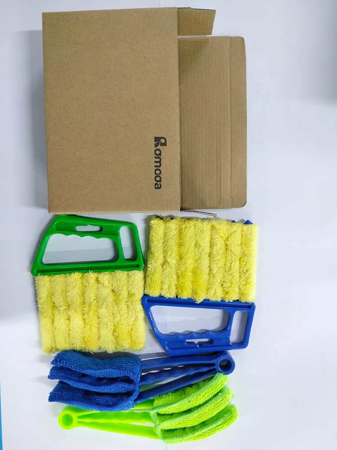 4 Pcs Window Venetian Blind Cleaner Duster Tool 7 Finger Blind Rush and Shutter Cleaner Brush Hand-held Window Shutter Air Conditioner Duster for Dirt(Green, Blue)