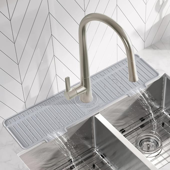 Amerner 20 inch Kitchen Sink Splash Guard, 10° Large Slope & Adaptable Hole Faucet Mat for Kitchen Sink, Silicone Sink Organizer Sponge Holder for Kitchen, Bathroom, RV, Bar, 20” x 5.5”, Gray