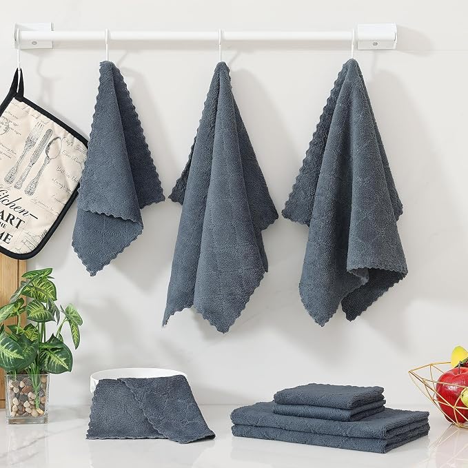 Homaxy Kitchen Towels and Dishcloths Set, 10 x 10 and 13 x 19 Inches, Set of 12 Super Soft and Absorbent Coral Velvet Kitchen Towels, No Lint and Nonstick Oil Fast Drying Dish Towel, Dark Grey
