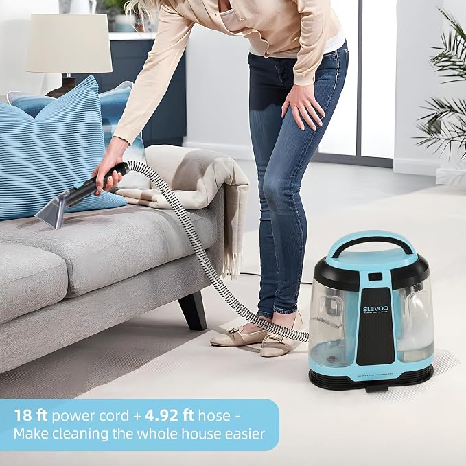 Slevoo 450W Portable Carpet Cleaner Machine with 1 Bottle Cleaning Solutions, Strong Suction Upholstery and Furniture Cleaner for Cleaning Stairs, Car Interiors, for Pet Footprint, Dust, Oil (Blue)