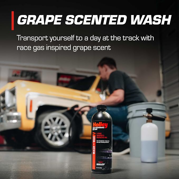 Holley Wash + Wax - 2-Stage Shampoo & Wax - 16 oz. | High-Performance Car Care, Washing Liquid - Soap Concentrate with Carnauba Protective Wax - For all car types