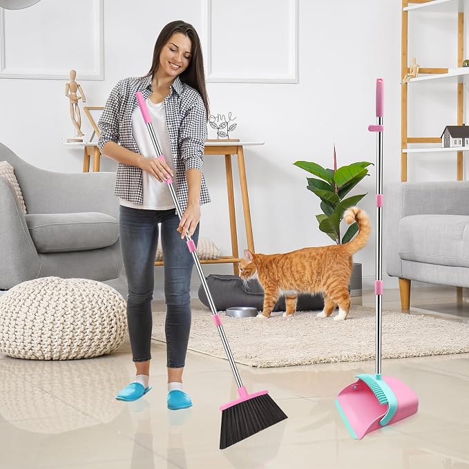 NACENA Broom and Dustpan Set with 52-in Long Adjustable Handle, Pink Blue | Broom Dustpan Combo with Dustpan Teeth to Automatically Clean Hair Suitable for Home Kitchen Office Hall Floor
