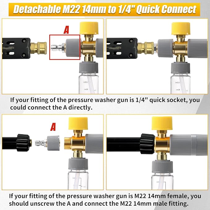 Tool Daily Mini Foam Cannon for Pressure Washer, Dual Connector | 5 Power Washer Spray Nozzle Tips, 1/4 Inch Quick Connect