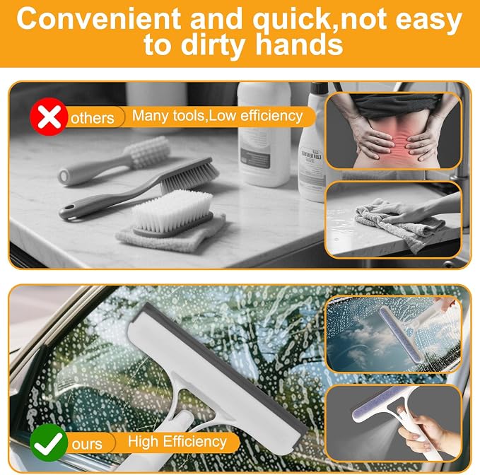 3-in-1 Spray Window Squeegee with Scraper and 2 Cotton Pads, White | Spray, wipe, and squeegee glass with one handheld tool; includes two replaceable cotton cleaning strips