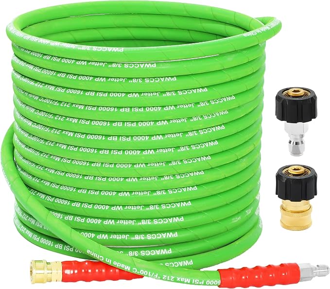 PWACCS Pressure Washer Hose 50 FT, 3/8" Kink Resistant Steel Braided Hoses | Power Washer Hose, Quick Connect with M22 14 Fittings, Cold/Hot Water, 4000 PSI