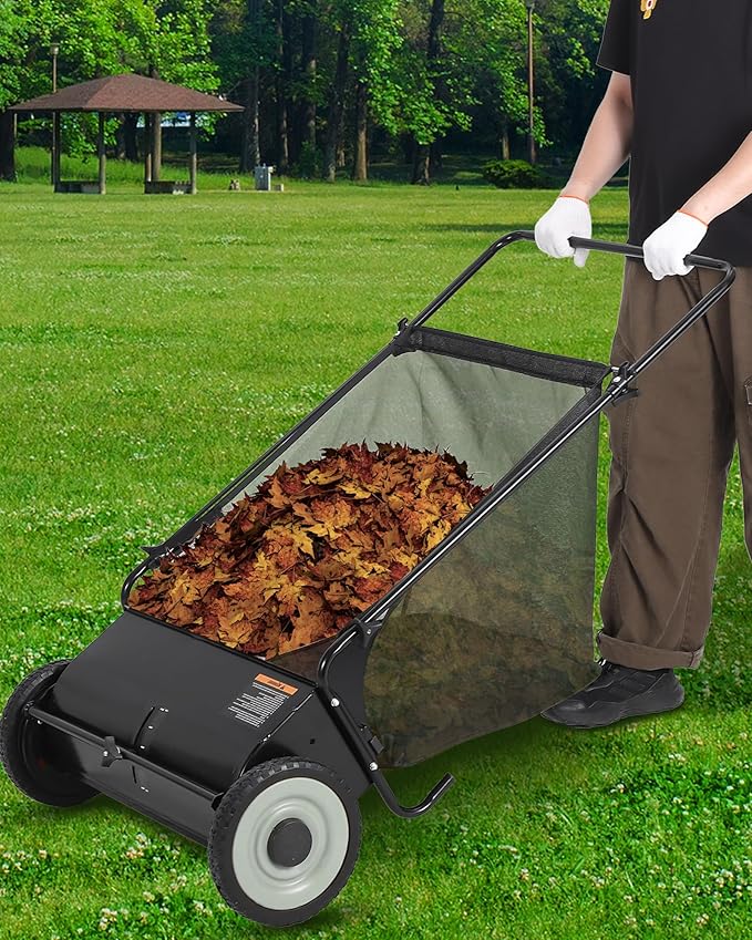 Garvee 21 Inch Push Lawn Sweeper, 3.5 Cu. Ft. Hopper Capacity Grass Sweeper, Manual Push Yard Sweeper with Height Adjustment & 4 Fast Spinning Brushes for Grass Clippings, Leaves & Debris, Black | Manual Push Yard Sweeper with Height Adjustment & 4 Fas...