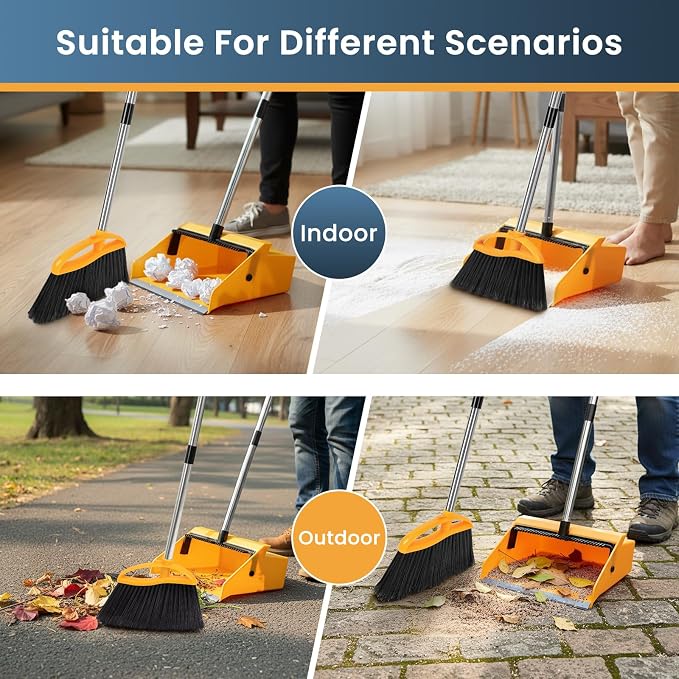 REEWII Large Broom and Dustpan Set,Long Handle Upright Dust Pan Outdoor Indoor for Courtyards, Garages, Lobbies, Shopping Malls, Market Floors, Sidewalks, Classroom Floor Cleaning