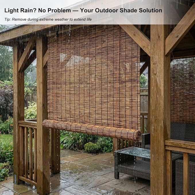 Retro Bamboo Blinds for Patio, Privacy Bamboo Roll Up Shades for Windows, 16"-80" W Reed & Bamboo Blackout Roller Shades, Cordless Outdoor Blinds for Porch, Sun Blocking(56" W x 64" H)