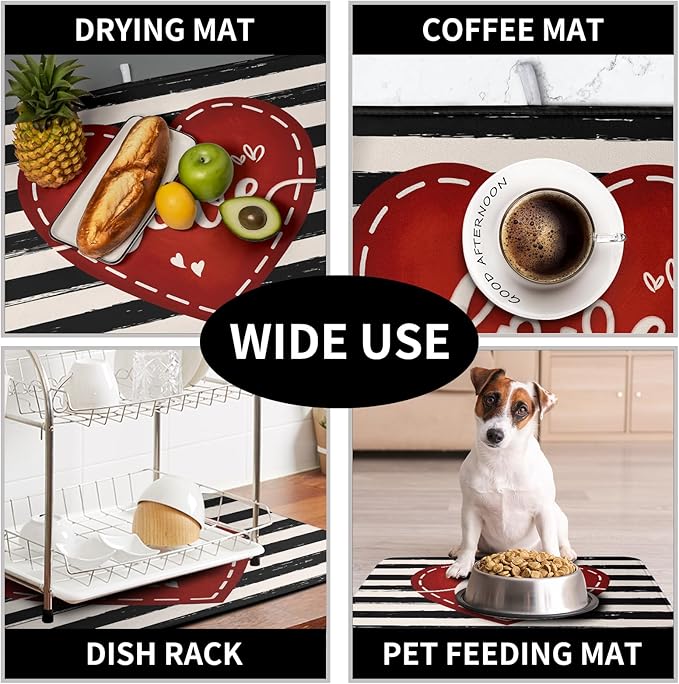 Valentine's Day Dish Drying Mat for Kitchen Counter 16x18 Black White Stripes Red Love Heart Dishes Drainer Mats Absorbent Dish Pad Large Dish Draining Mat for Coffee Bar