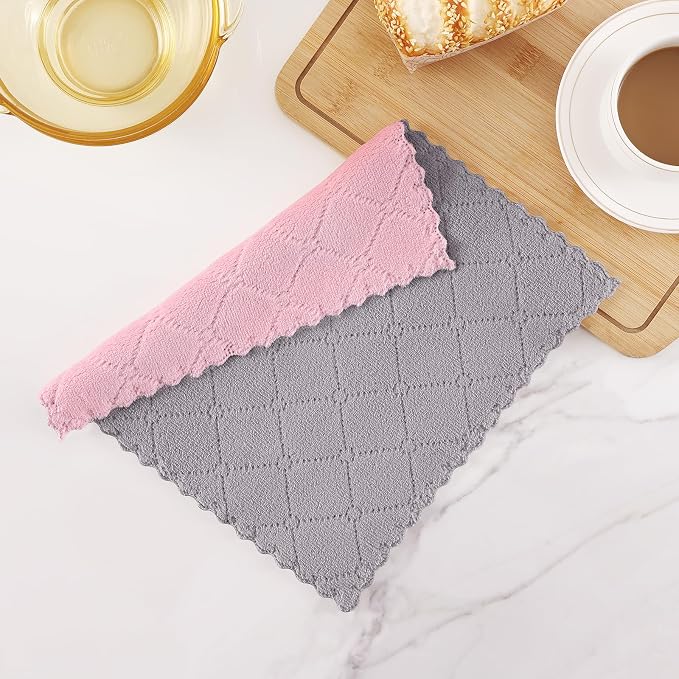 Homaxy 12 Pack Kitchen Cloths Dish Towels (10" x 10", Grey & Pink), Super Soft and Absorbent Dish Cloths, Coral Velvet Microfiber Cleaning Cloth, Nonstick Oil Fast Dry Dishcloths