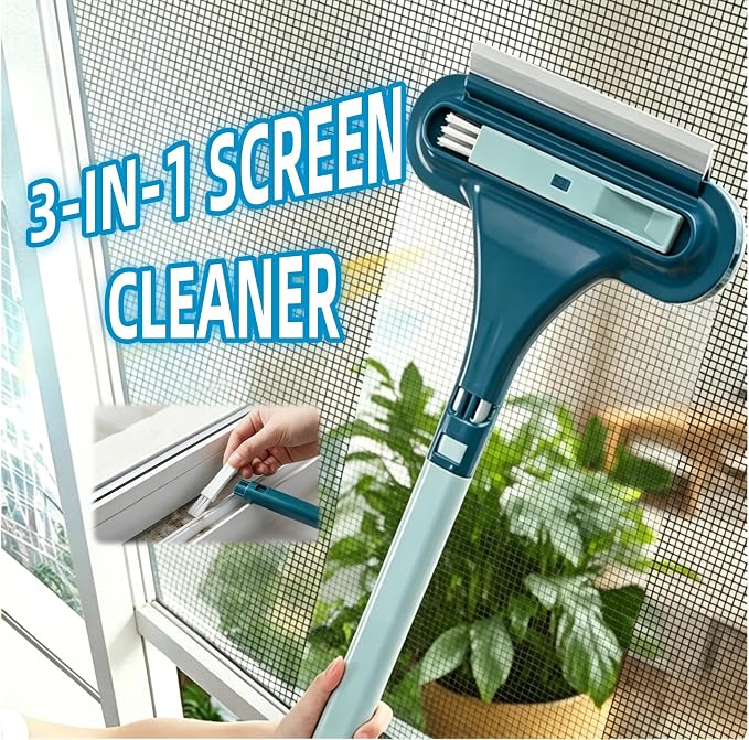 3-in-1 Screen Cleaning Brush with Squeegee - Window Mesh Cleaner & Pet Hair Remover for Couch, Door Mesh & Window Groove, Dust Removal Brush for Home Cleaning (Cyan Blue)