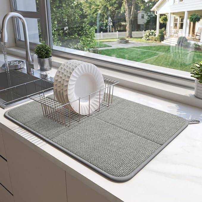 YDKGL Dish Drying Mat for Kitchen Counter, Ultra Absorbent & Fast Drying Dish Mat Machine Washable Foldable Drying Pad for Countertops, Sinks, Draining Racks, Grey