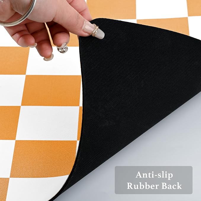 Ohocut Checkered Dish Drying Mat for Kitchen Counter, Coffee Bar Station Accessories, Retro Cute Fall Aesthetic Modern Absorbent Drainer Mat Kitchen Drying Mat Easy Clean, Orange 12" x 19"