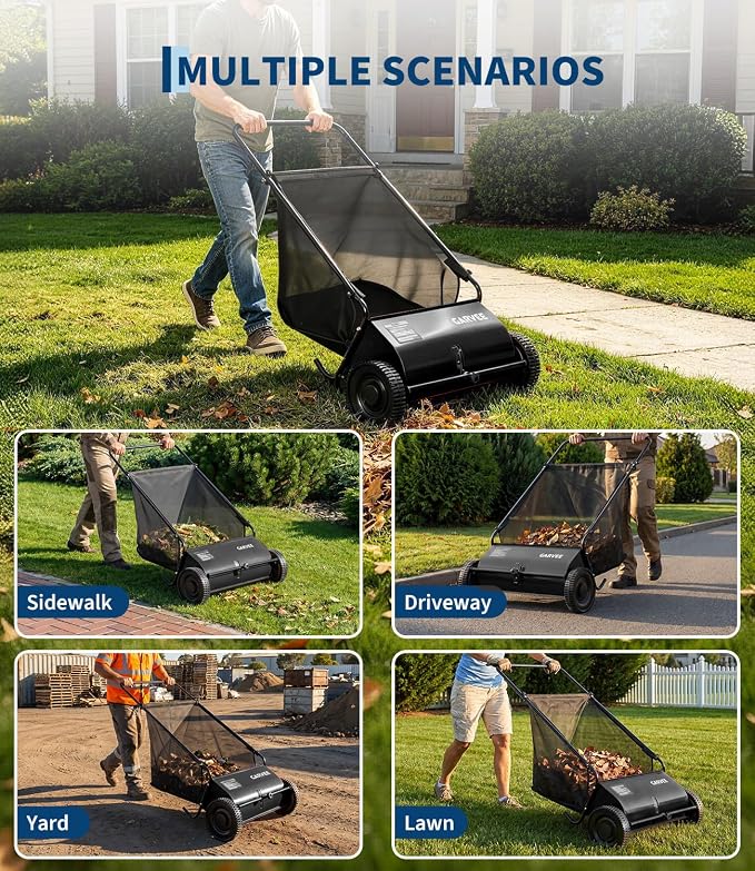 26 Inch Push Lawn Sweeper, Garden Lawn Sweeper Leaf and Grass Collector with 7 Cu.ft Mesh Bag, Adjustable Brush Height and 4 Spinning PP Brushes, Yard Sweeper for Leaves Grass Cleanup | with 7 Cu.ft Mesh Bag, Adjustable Brush Height and 4 Spinning PP B...