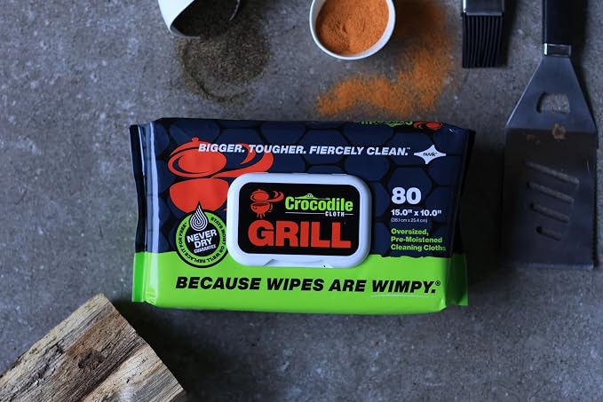 Crocodile Cloth Grill Wipes, 640 Count (8 Packs) – Extra-Large 15” x 10” Plant-Based Cleaning Cloths, Safe on Skin & Surfaces, Pre-Moistened with Aloe & Vitamin E