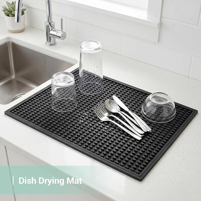 Rubber Bar Mat for Counter, Black 4 Pack 12"x18" grip-friendly Coffee Bar Mat, Heat Resistant & Spill-proof Countertop Protector Mat for Kitchen, Home Bar, Coffee Station, Easy Clean Dish Drying Mat