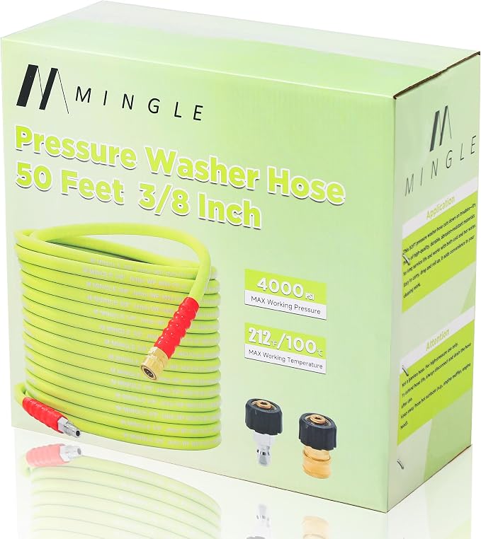 M MINGLE Pressure Washer Hose 50 FT x 3/8" - Replacement Power Wash Hose | M22 14mm to 3/8 Inch Quick Connect Fittings - Hot & Cold Water Use - Kink Resistant - 4000PSI