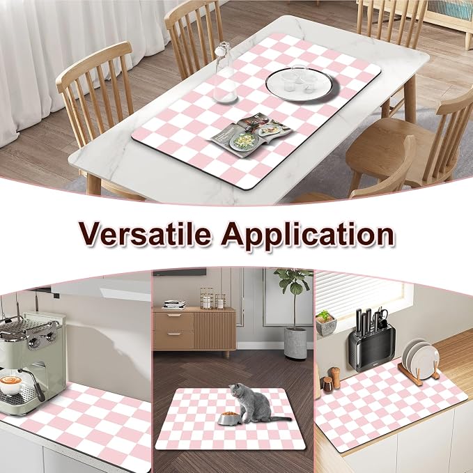 Dish Drying Mat for Kitchen, 16’’ X 18’’ Coffee Bar Mats for Countertop Fit Under Coffee Maker, Checkered Drying Mat, Hide Stain Rubber Backed Espresso Machine Absorbent Drying Pad, Pink & White