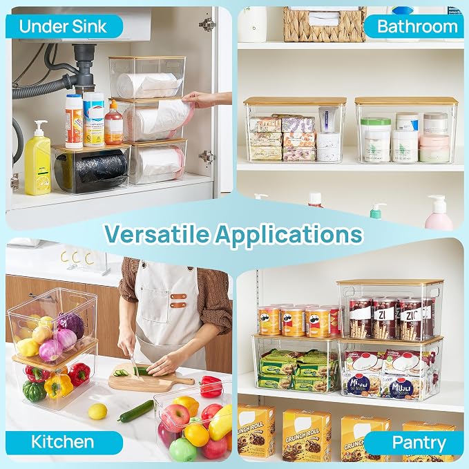 Vtopmart 2 Pack Trash Bag Holder with Bamboo Lid, Stackable Garbage Bag Dispenser for 13/30/33 Gallon Bags, Clear Organizer Bins for Under Kitchen Sink, Laundry Room Organization and Storage