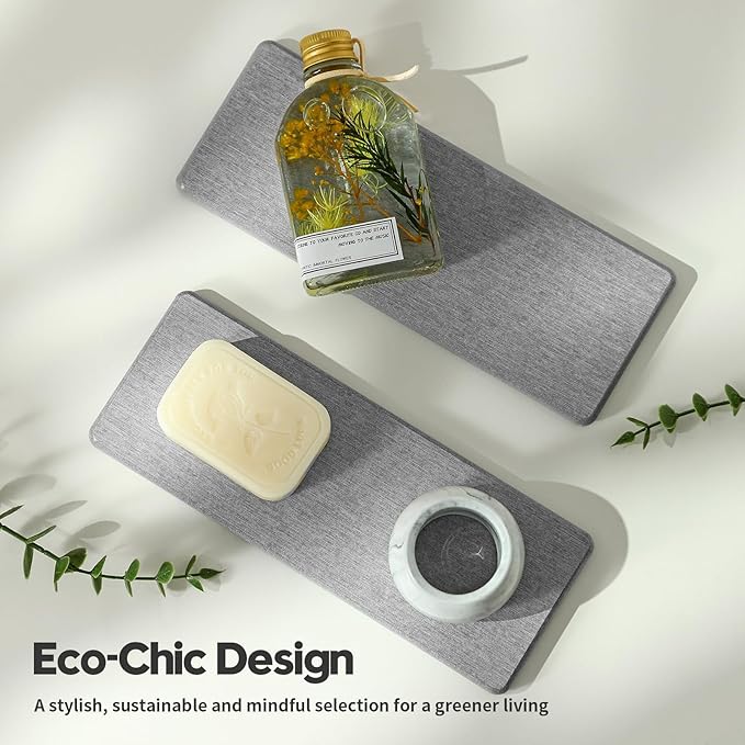 Razborci 2PCS Bathroom Counter Vanity Trays, Water Absorbing Diatomite Stone Quick Drying Mat for Kitchen Sink Counter, Dish Rack Soap Dispenser Sponge Holder Caddy Organizer, Light Gray, 9"x 3.5"