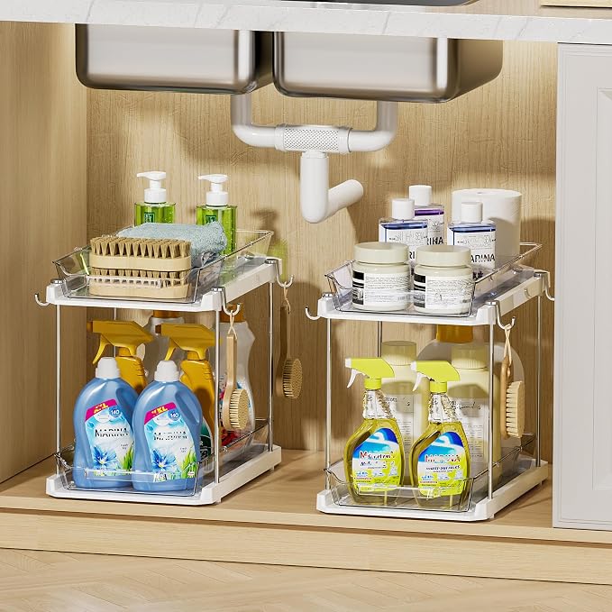 Delamu 2 Tier Under Sink Organizer Bathroom, Bathroom Cabinet Organizer with Snap-Lock Design and Hooks, Pull Out Storage with Movable Dividers, for Countertop, Kitchen and Pantry (White, 4 Pack)