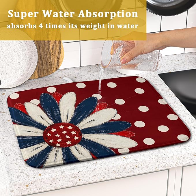 Patriotic Dish Drying Mat 16 x18 In Red and Blue Daisy Microfiber Kitchen Draining Mat for Countertops