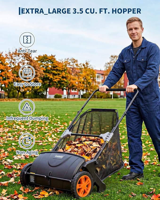 21-Inch Push Lawn Sweeper, 3.5 Cu. Ft. Hopper Leaf & Grass Collector, 4 Spinning Brushes, Adjustable Brush Height, Manual Yard Sweeper for Grass Clippings, Leaves & Light Debris, Black & Orange | 4 Spinning Brushes, Adjustable Brush Height, Manual Yard...