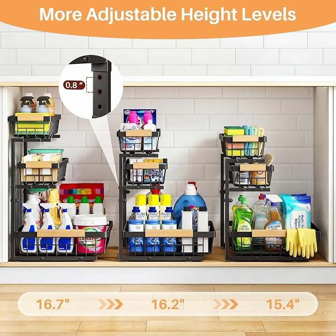 PXRACK Under Sink Organizer, 3-Tier 2-Pack Adjustable Height Pull Out Under Cabinet Organizer, Slide Out Thickened Metal Under Sink Storage for Kitchen Bathroom Laundry Pantry Organization, Black
