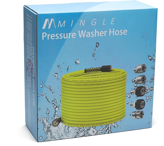 M MINGLE Pressure Washer Hose 50FT x 1/4", Stainless Steel M22 14mm Adapter | Replacement Power Wash Hose with 3/8" Quick Connect Kits, Kink Resistant, Ideal for Car, Driveway & Patio Cleaning, 3600 PSI