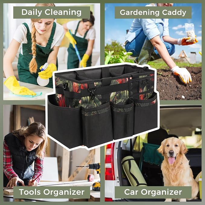 SCAVATA Wearable Cleaning Caddy, Cleaning Caddy Supplies Organizer with Handle & Shoulder Straps for Housekeepers, Under Sink & Car Cleaning Tool Organizers Bag with 4 Foldable Divider (GreenBush)