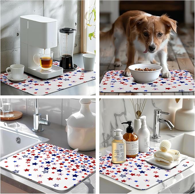 4th of July Dish Drying Mat for Kitchen Counter Patriotic Stars Dishes Drainer Mats Independence Memorial Day Microfiber Absorbent Dish Draining Pad 16"x18"