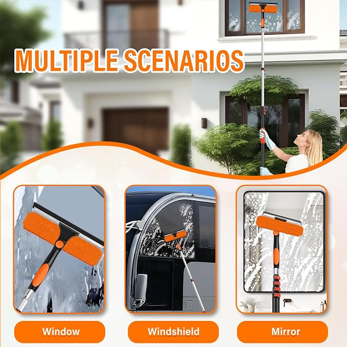 26FT Telescoping Window Squeegee Kit | 2-in-1 Professional Window Washer & Microfiber Scrubber with Extension Pole | High Reach Cleaning Tool for Outdoor, Indoor Windows & Glass