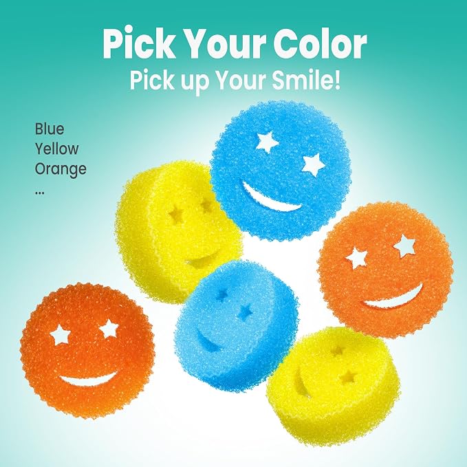 Dish Scrub Sponges, Non-Scratch Temperature Controlled Smiley Color Sponge | Scrubber Dishwasher Safe for Household Cleaning, Kitchen, Bathroom, Stain Odor Resistant Polymer Multi-Functional Bulk Pads