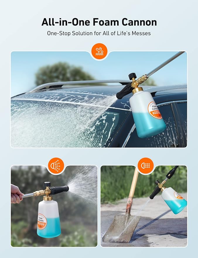 AstroAI Foam Cannon for Pressure Washer with 1/4" Quick Connect, 1.5 Liter | Thick Foam, Car Wash, Heavy Duty Foam Sprayer Attachments, Wide Neck, Adjustable, Quick Connect, for Various Cleaning Tasks