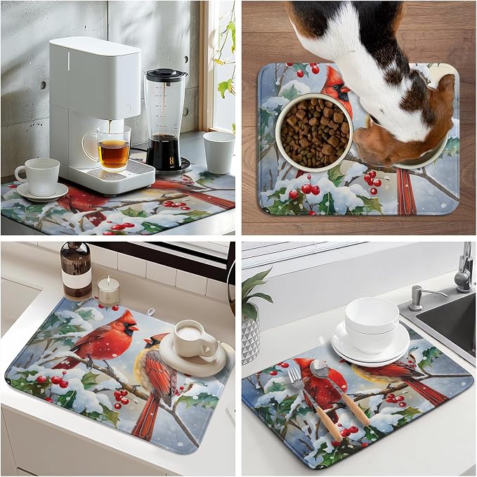 Winter Cardinal Birds Dish Drying Mat, Holly Berry Branches Dish Drying Mat for Kitchen Counter, Red Birds Absorbent Fast Dry Dish Drainer Mat Protector Xmas Microfiber Dish Drying Pad 18x24 Inch