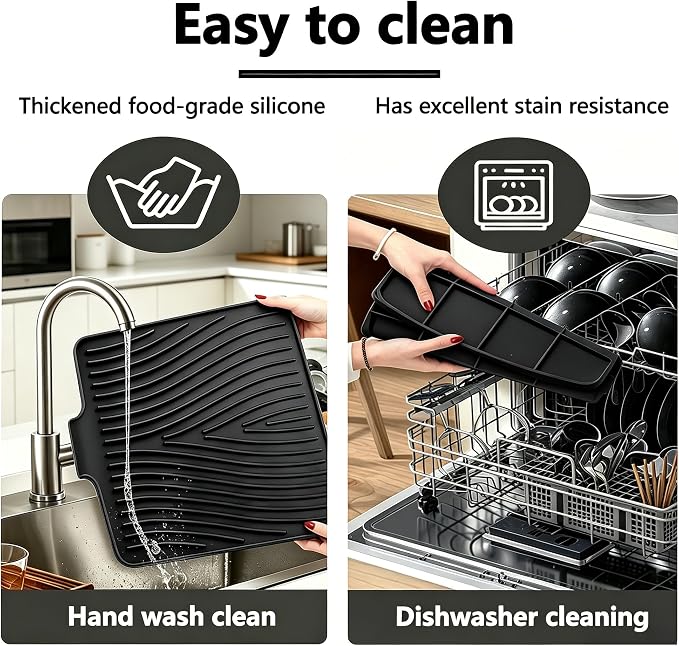 EBIGIC Silicone Dish Drying Mat, 19.7"*17" Dish Drying Pad,Kitchen Accessories,with Built-In and Non-Slip Drain,Easy Clean, Fit for Kitchen, Bar, RV, Refrigerator and Drawer Liner, Black