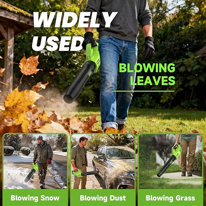Leaf Blower Cordless, 650CFM Electric Leaf Blowers with 2 x 5.2Ah Batteries and Charger, 3 Speed Modes, 1 x Adjustable Shoulder Strap, Powerful Snow Blowers for Lawn Care, Patio, Dust, Blowing Leaves