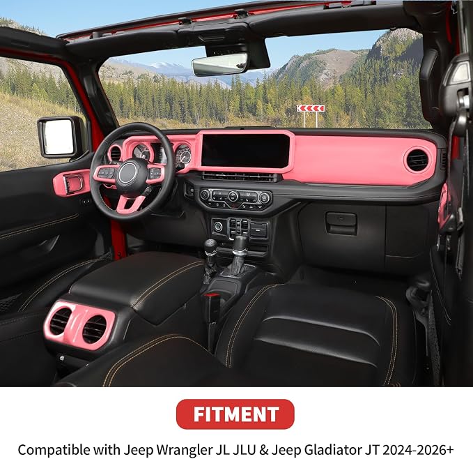 21PCS Full Set Interior Trim Kit for 2024-2026+ Jeep Wrangler JL JLU & Jeep Gladiator JT, Dashboard Side Outlet Door Handle Bowl Headlight Switch Roof Reading Light Cover (Pink)