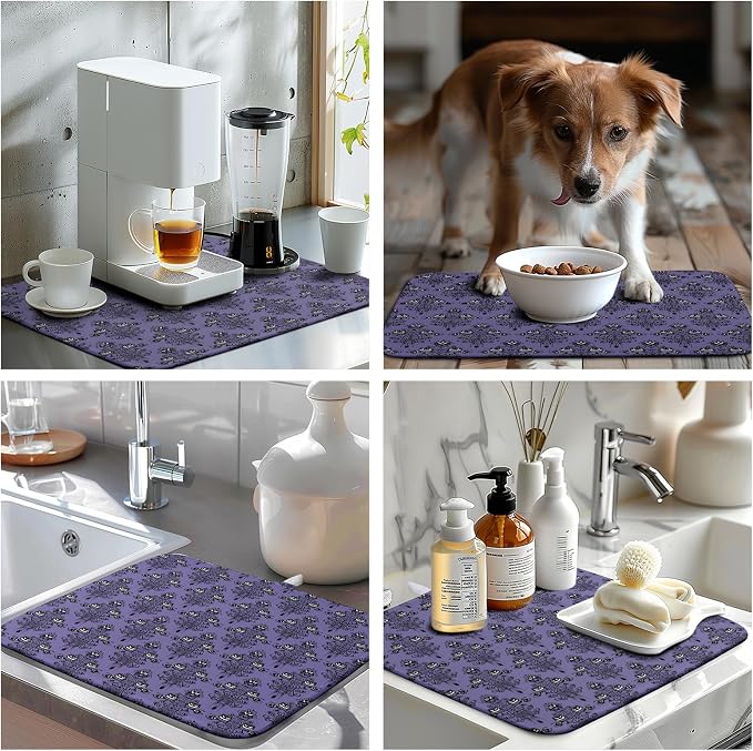 Happy Halloween Dish Drying Mat Haunted Ghosts Drying Mats Purple Spooky Skull Scary Dishes Drying Pad Microfiber Absorbent Reversible Dish Drainer Rack Mat for Kitchen Counter 16x18