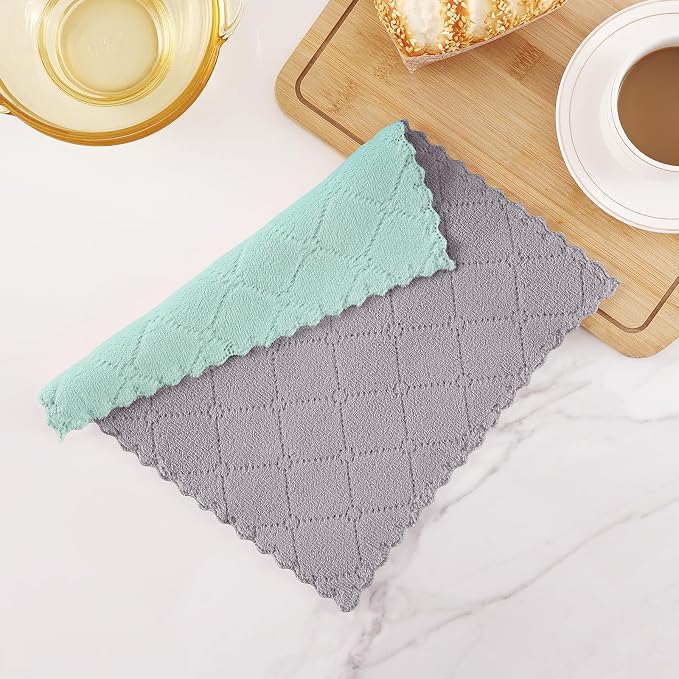 Homaxy 12 Pack Kitchen Cloths Dish Towels (10" x 10", Grey & Green), Super Soft and Absorbent Dish Cloths, Coral Velvet Microfiber Cleaning Cloth, Nonstick Oil Fast Dry Dishcloths