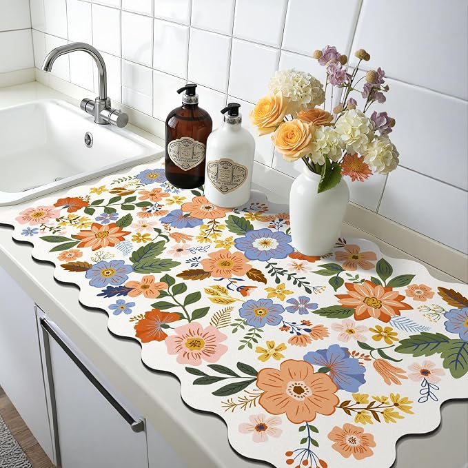 LOKHOM Scalloped Floral Dish Drying Mat, 17"x32" Super Absorbent Coffee Mat with Unique Spring Wildflowers, Cuttable Hide Stain Non-slip Drying Mat for Kitchen Counter Coffee Maker Espresso Machine