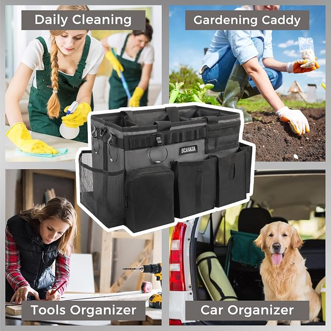 SCAVATA Wearable Cleaning Caddy Bag, Cleaning Caddy Supplies Organizer with Handle & Shoulder Straps for Housekeepers, Under Sink & Car Cleaning Tool Organizers with 4 Foldable Divider (GraphiteGrey)