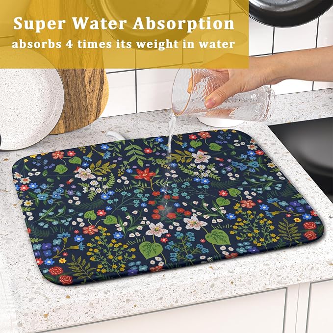 Flower Floral Dish Drying Mat Microfiber Navy Blue Absorbent Drying Pad for Kitchen Counter Small