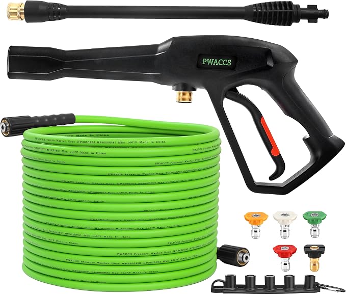PWACCS Pressure Washer Hose and Gun, 50 FT Power Washer Hose Wand Kit | Pressure Wash Extension Wand, 5 Nozzle Tips, M22-14 Fitting, Compatible with Ryobi, Green Works & Karcher